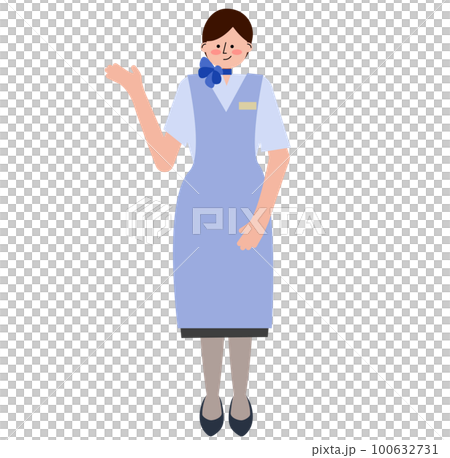 女性の客室乗務員が手を挙げて案内をしているイラスト(機内サービスのエプロン姿・ブルーの制服) 女性の客室乗務員が手を挙げて案内をしているイラスト(機内サービスのエプロン姿・ブルーの制服) 100632731