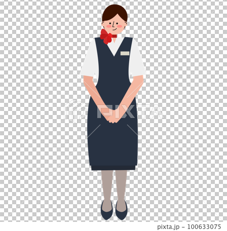 機内サービスをするエプロン姿の女性客室乗務員のイラスト 100633075