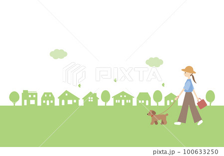 犬の散歩をする女性とシンプルな街並み 100633250