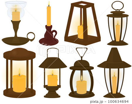 Collection of thin and thick wax candles, candlesticks, lamps and lanterns vector illustration Collection of thin and thick wax candles, candlesticks, lamps and lanterns vector illustration 100634694