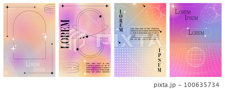 Modern blurred gradient posters in trendy 90s, 00s psychedelic style with geometric shapes. Y2K aesthetic. Poster template for social media posts, digital marketing, sales promotion. 100635734