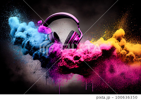 Headphones and colorful powder splashes. Generative AI, Generative, AI 100636350