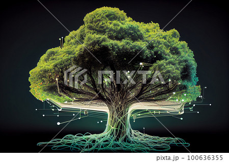 Green deciduous tree growing on a black background. Generative AI, Generative, AI 100636355