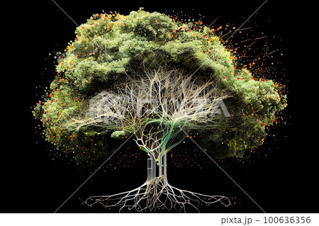 Green deciduous tree growing on a black background. Generative AI, Generative, AI 100636356
