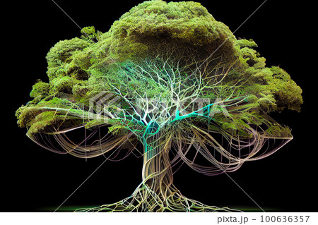 Green deciduous tree growing on a black background. Generative AI, Generative, AI 100636357
