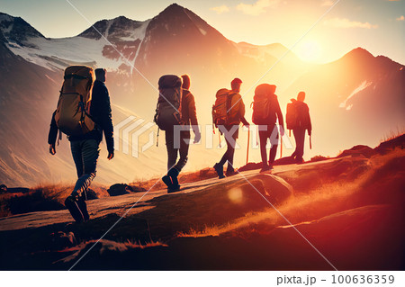 group of sports people are walking in the mountains. Generative AI, Generative, AI 100636359