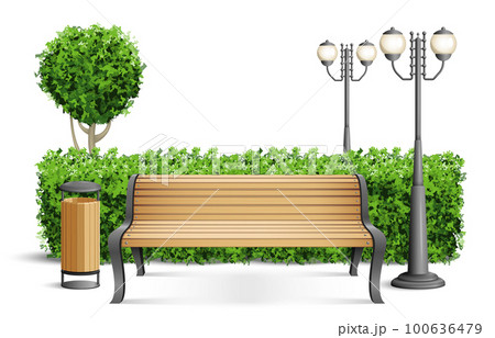 Realistic Wooden Park Bench Composition 100636479