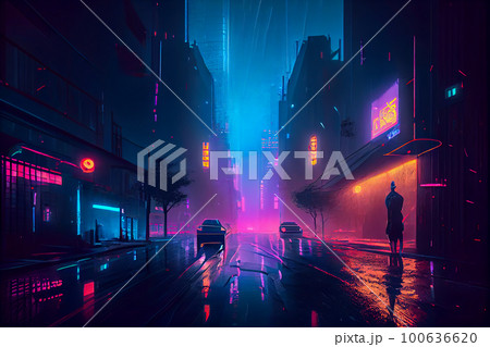 Rainy night in a futuristic city with neon lights. Generative AI, Generative, AI 100636620