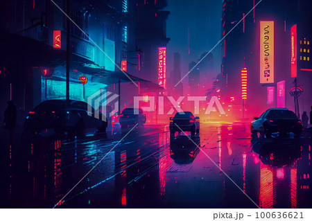 Rainy night in a futuristic city with neon lights. Generative AI, Generative, AI 100636621