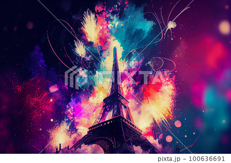 abstract drawing of the eiffel tower and fireworks. Generative AI, Generative, AI 100636691