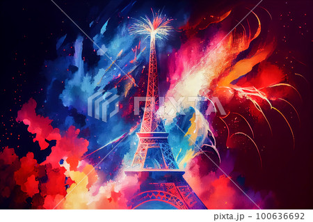 abstract drawing of the eiffel tower and fireworks. Generative AI, Generative, AI 100636692