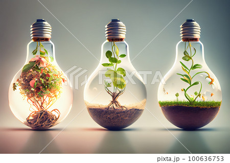 life in light bulbs. plant inside a glass incandescent light bulb. environmental content. Generative AI 100636753