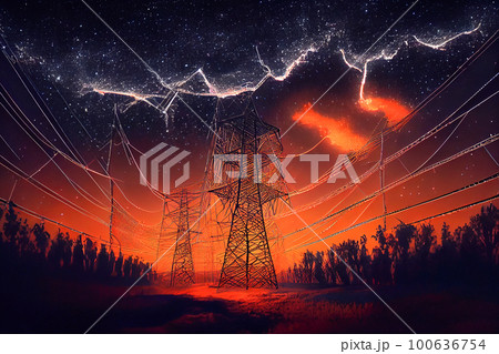 illustration of electrical wires at night with starry sky. Generative AI 100636754