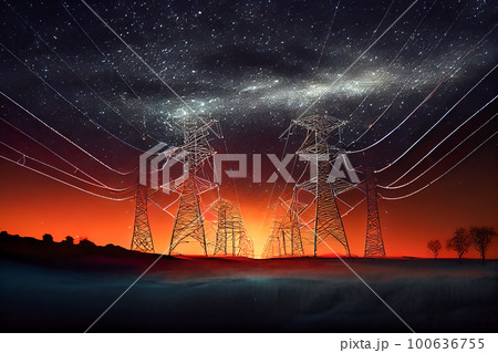 illustration of electrical wires at night with starry sky. Generative AI 100636755