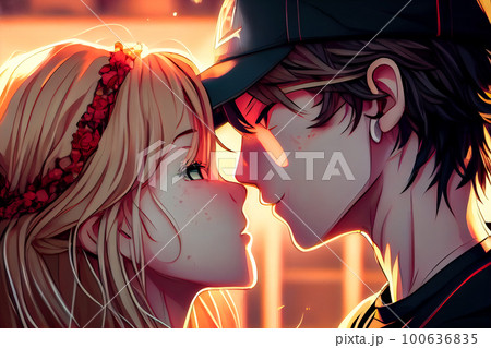 Premium AI Image  Anime couple kissing each other with hearts in the  background generative ai