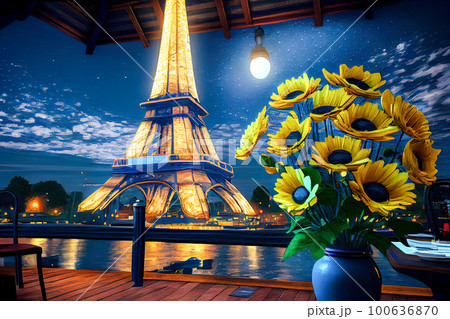 night view of the eiffel tower from a cafe on the waterfront. Generative AI night view of the eiffel tower from a cafe on the waterfront. Generative AI 100636870