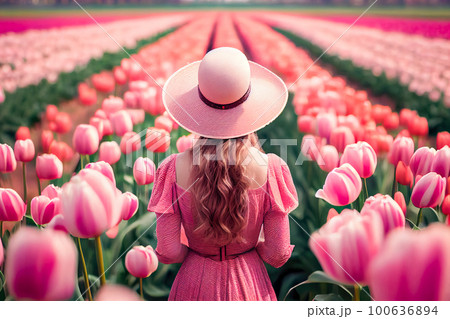 Back view of a girl in pink in the middle of a field with roses. Generative AI Back view of a girl in pink in the middle of a field with roses. Generative AI 100636894