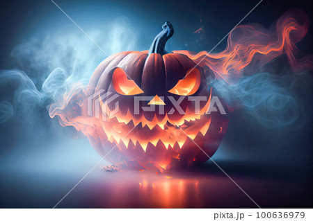close-up pumpkin with glowing eyes in the smoke. halloween holiday. Generative AI 100636979