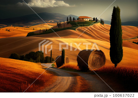 illustration landscape of the hills of tuscany in the evening. Generative AI 100637022