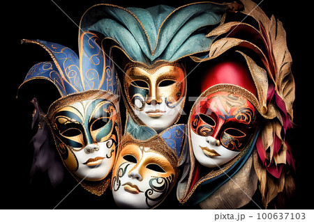 Venetian masks close-up on a black background. Generative AI Venetian masks close-up on a black background. Generative AI 100637103