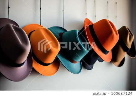 colorful men's hats on the wall. Generative AI colorful men's hats on the wall. Generative AI 100637124