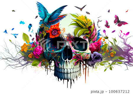 Butterflies and a plant sprouting from a skull on a white background. Generative AI, Generative, AI Butterflies and a plant sprouting from a skull on a white background. Generative AI, Generative, AI 100637212