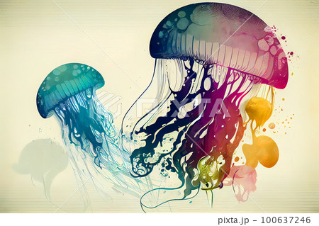 jellyfish drawing in vintage colors. Generative AI, Generative, AI jellyfish drawing in vintage colors. Generative AI, Generative, AI 100637246