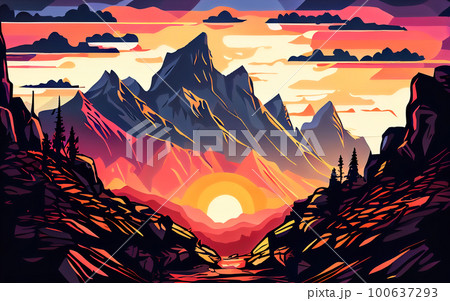 illustration multicolored sunrise in the mountains. Generative AI illustration multicolored sunrise in the mountains. Generative AI 100637293