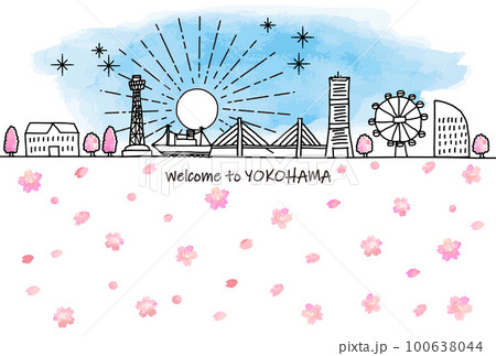 手書きの横浜の観光地の街並みスカイラインと桜 100638044