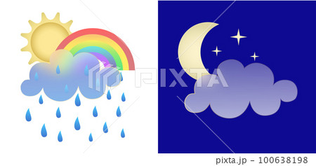 Set of weather icons. Glassmorphism style symbols for meteo forecast app Elements Isolated on white background Day night summer spring season sings Rainbow, rain and moon clouds. Vector illustrations 100638198