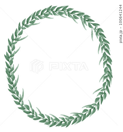 watercolour green leaf foliage wreath frame hand drawn illustration 100641244