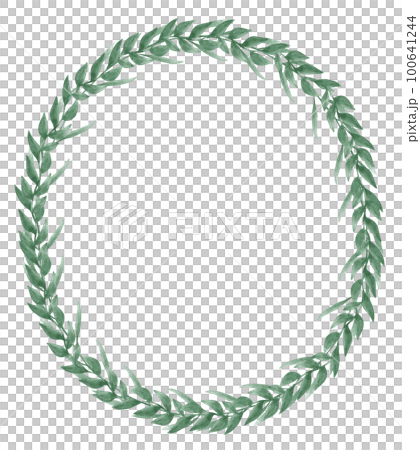 watercolour green leaf foliage wreath frame hand drawn illustration 100641244