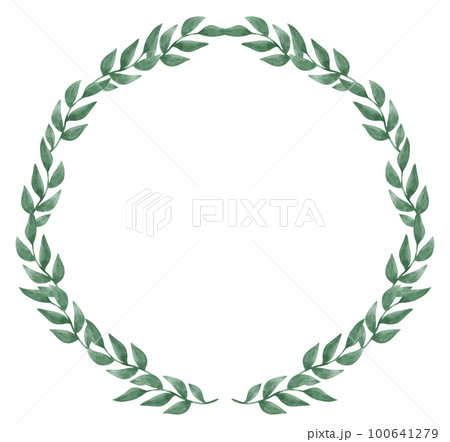 watercolour green leaf foliage wreath frame hand drawn illustration 100641279