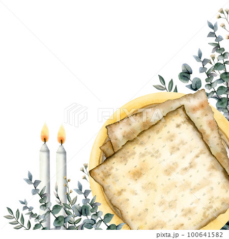 Happy Passover greeting watercolor banner template with matzah, candles, eucalyptus and copy space for text on white 100641582