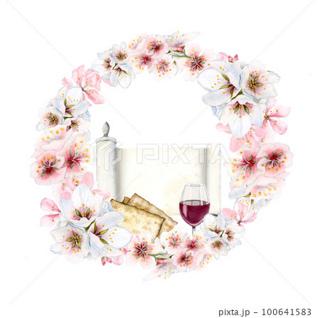 Watercolor Passover wreath of pink almond flowers, matzah, Haggadah scrol, wine glass illustration for greeting cards 100641583