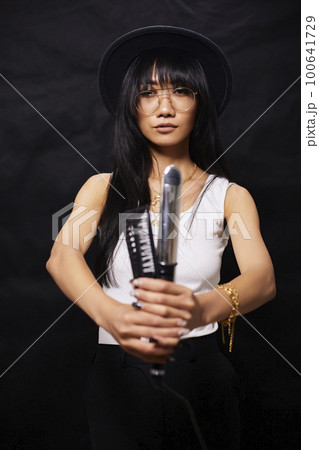 portrait shot of young happy asian or vietnamese woman, enjoying lifestyle, joy, happiness, photo on black background. 100641729