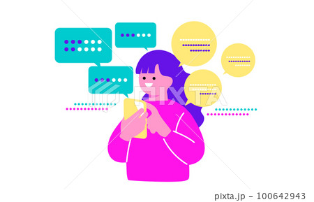 スマートフォンを持つ女性AIチャットをイメージしたイラスト　 100642943