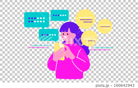 スマートフォンを持つ女性AIチャットをイメージしたイラスト　 100642943