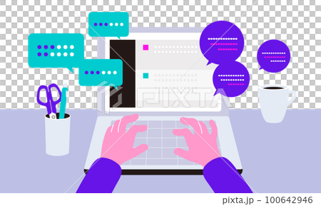 An illustration imagining a scene where a laptop computer and chat-type AI are used 100642946