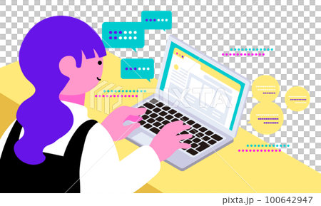ノートパソコンと女性、チャット型AIを使うシーンをイメージしたイラスト ノートパソコンと女性、チャット型AIを使うシーンをイメージしたイラスト 100642947