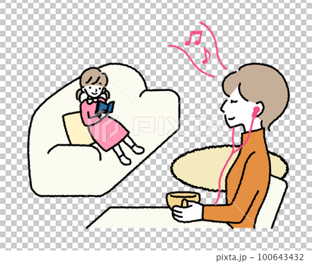A family spending time in the living room, a daughter reading and a mother listening to music A family spending time in the living room, a daughter reading and a mother listening to music 100643432