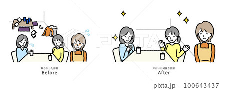 散らかった部屋／片付いた部屋　BEFORE AFTER　リビングにお客さまを招くベクターイラスト 100643437