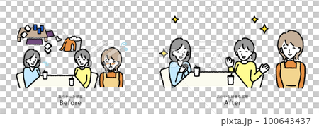 散らかった部屋／片付いた部屋　BEFORE AFTER　リビングにお客さまを招くベクターイラスト 100643437