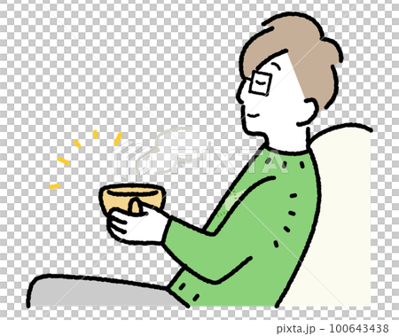 コーヒーブレイク　温かい飲み物を飲んでくつろぐ男性のベクターイラスト 100643438