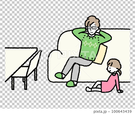 リビングでくつろぐお父さんと娘 家族のベクターイラスト リビングでくつろぐお父さんと娘 家族のベクターイラスト 100643439