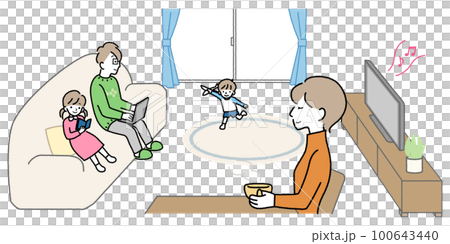 矢量圖的四口之家在客廳裡放鬆 100643440