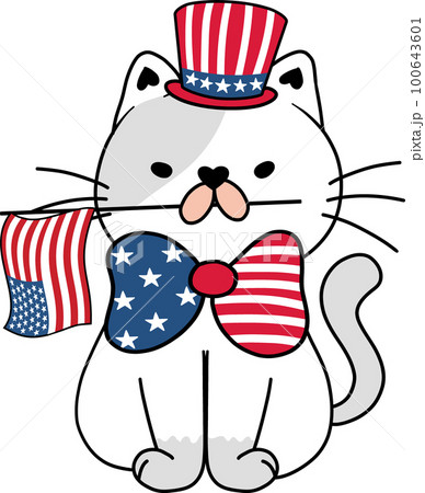 Cute happy funny playful kitten cat celebrating 4th July independence cartoon hand drawing doodle 100643601