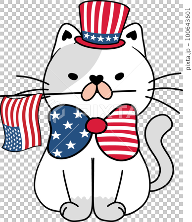 Cute happy funny playful kitten cat celebrating 4th July independence cartoon hand drawing doodle 100643601