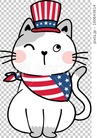 Cute happy funny playful kitten cat celebrating 4th July independence cartoon hand drawing doodle Cute happy funny playful kitten cat celebrating 4th July independence cartoon hand drawing doodle 100643614
