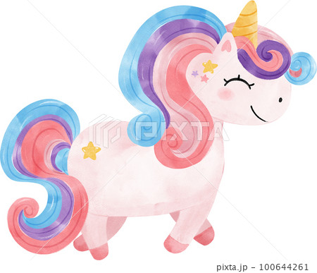 cute fancy magical purple baby unicorn children cartoon kid watercolour hand painting illustration 100644261